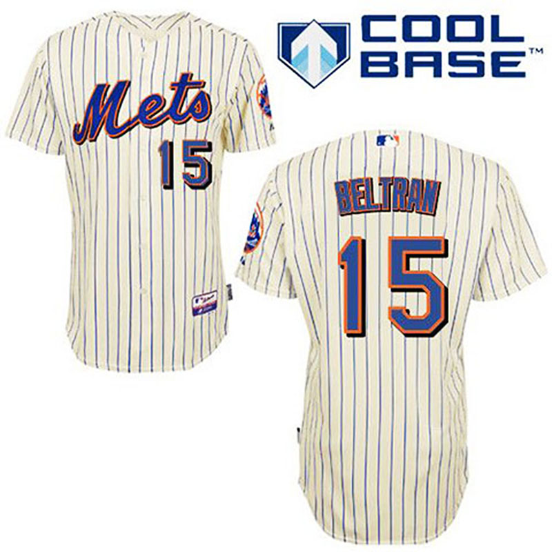 New York Mets #15 Carlos Beltran Cream Blue Strip Alternate Jersey