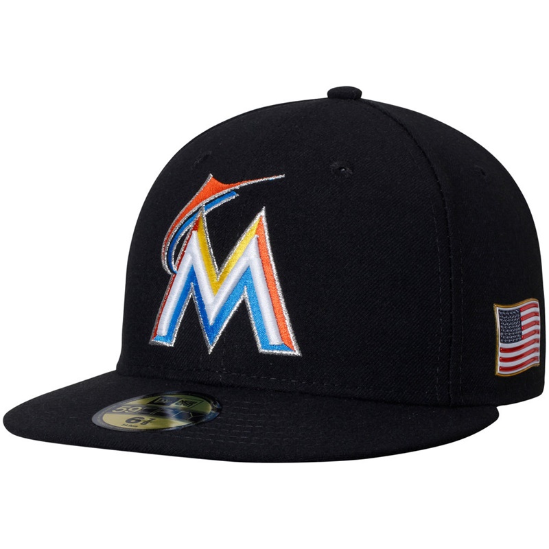 Miami Marlins Black On Field 9/11 Side Patch US Flag 59FIFTY Fitted Hat