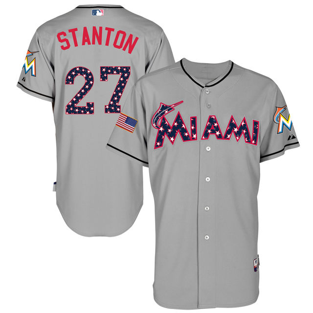 Miami Marlins Giancarlo Stanton #27 Gray 2016 Independence Day Stars & Stripes Authentic Cool Base Jersey