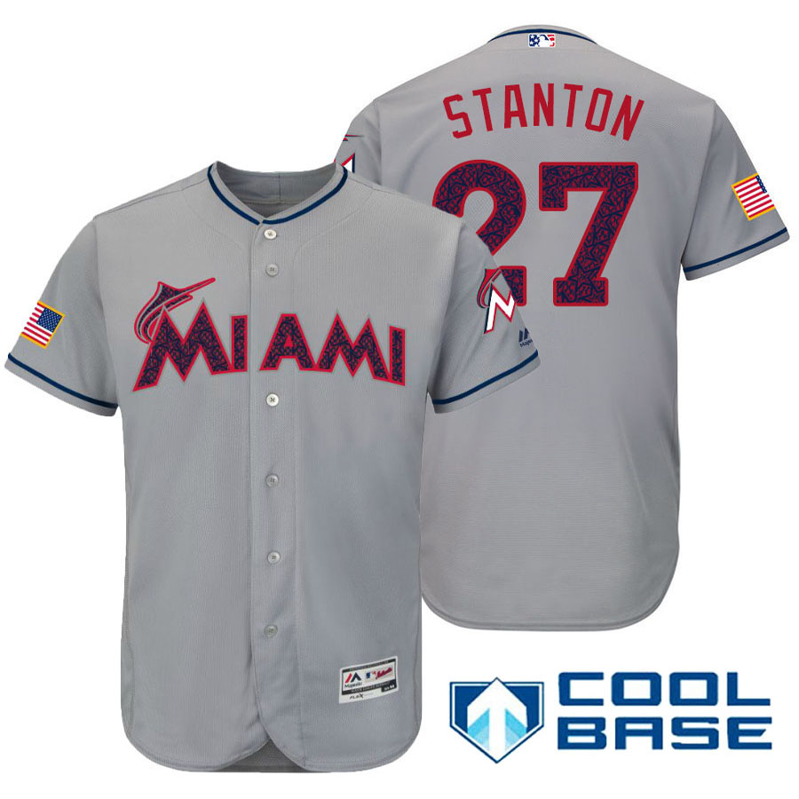 Miami Marlins #27 Giancarlo Stanton Gray Stars & Stripes 2016 Independence Day Cool Base Jersey