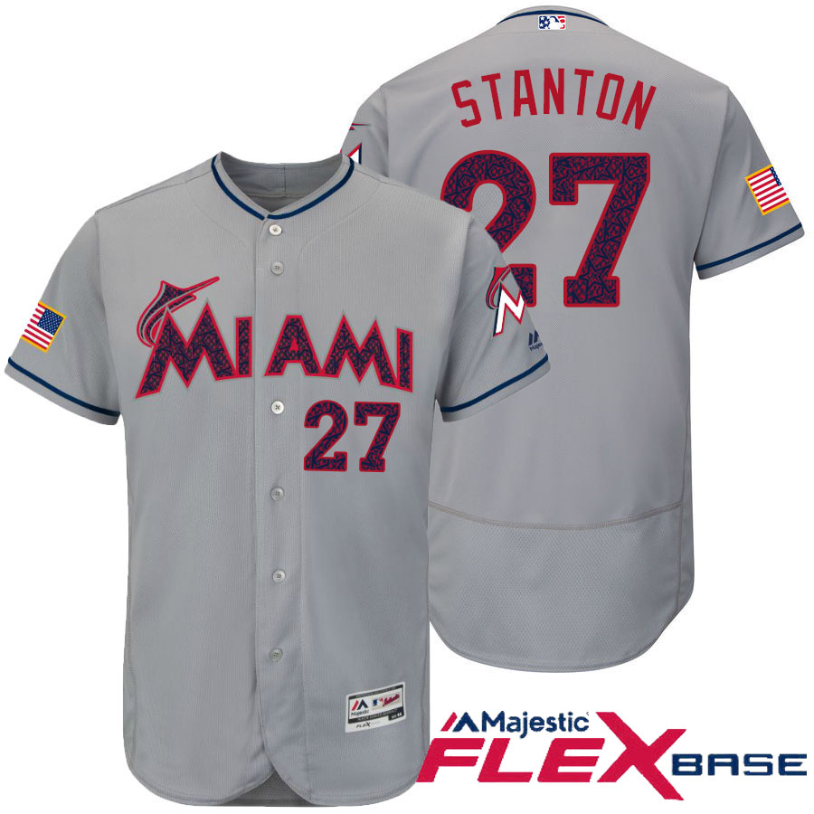 Miami Marlins #27 Giancarlo Stanton Gray Stars & Stripes 2016 Independence Day Flex Base Jersey