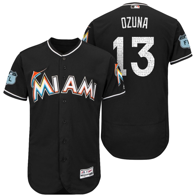 Miami Marlins Marchell Ozuna #13 Black 2017 Spring Training Grapefruit League Patch Authentic Collection Flex Base Jersey