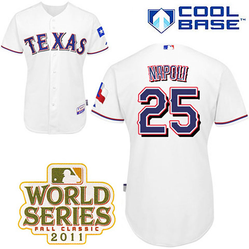 Texas Rangers #25 Mike Napoli White Home Cool Base 2011 World Series Patch Jersey