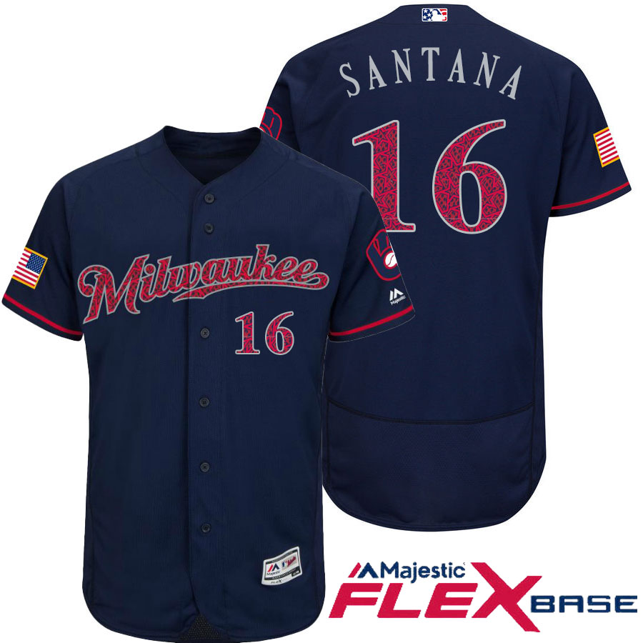 Milwaukee Brewers #16 Domingo Santana Navy Stars & Stripes 2016 Independence Day Flex Base Jersey