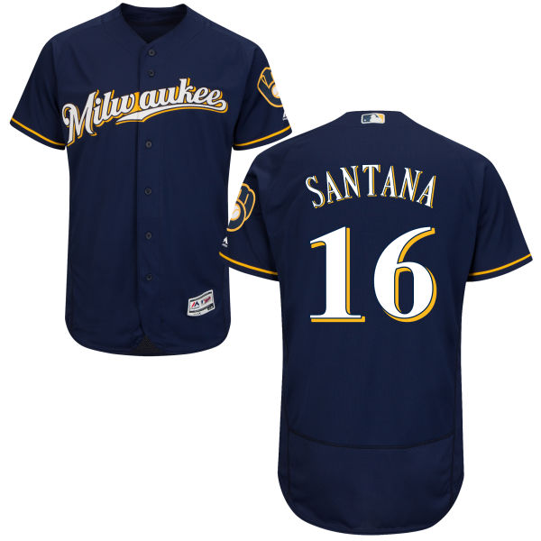 Milwaukee Brewers Domingo Santana #16 Majestic Navy Gold Authentic Collection Flexbase Jersey