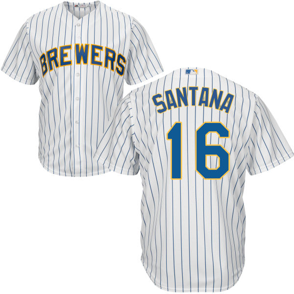 Milwaukee Brewers Domingo Santana #16 Majestic White/Royal Authentic Cool base Jersey