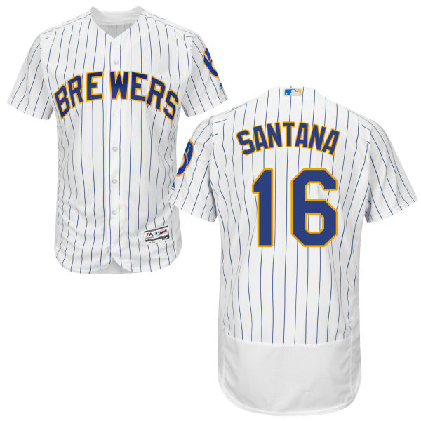 Milwaukee Brewers Domingo Santana #16 Majestic White/Royal Authentic Collection Flexbase Jersey