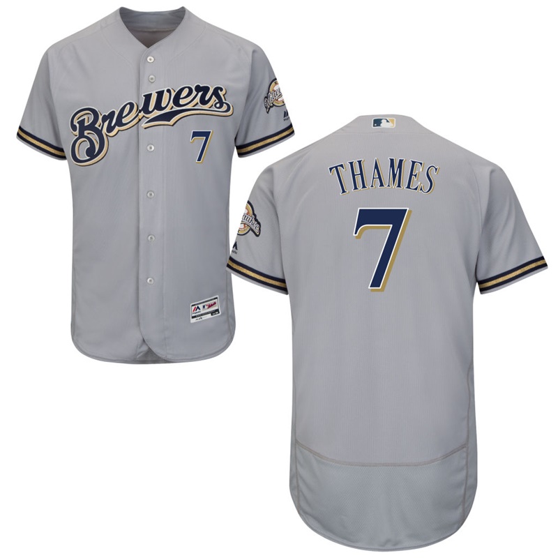 Men Milwaukee Brewers Eric Thames #7 Gray Road Flex Base Jersey