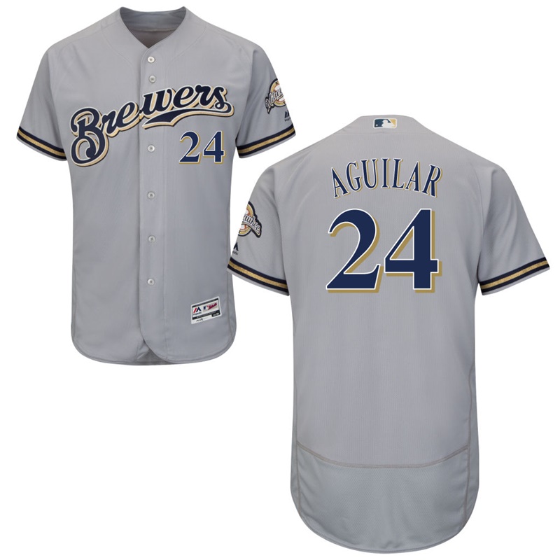 Men Milwaukee Brewers Jesus Aguilar #24 Gray Road Flex Base Jersey