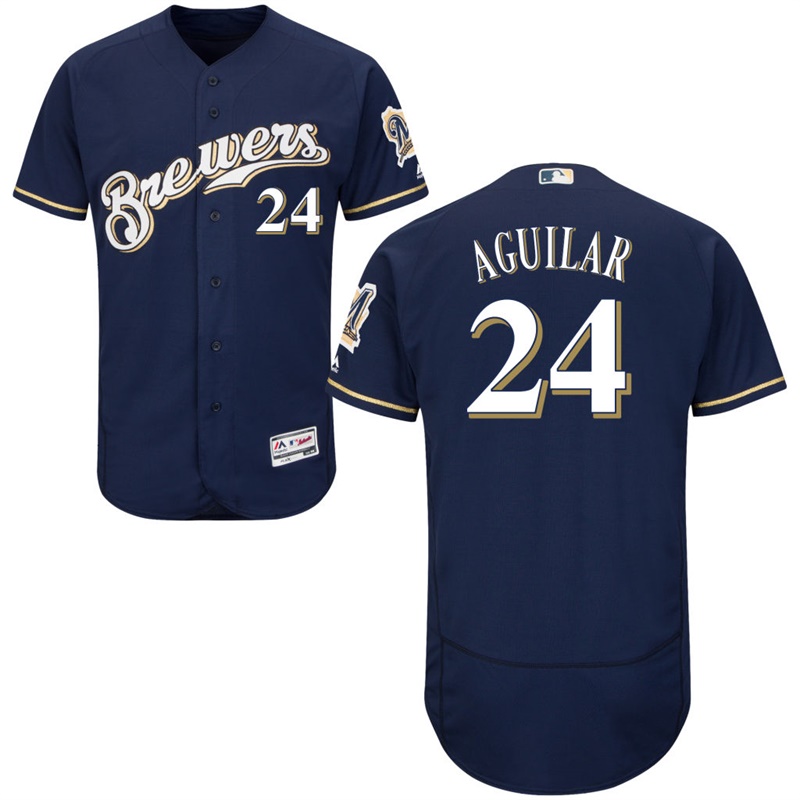 Men Milwaukee Brewers Jesus Aguilar #24 Navy Alternate Home Flex Base Jersey