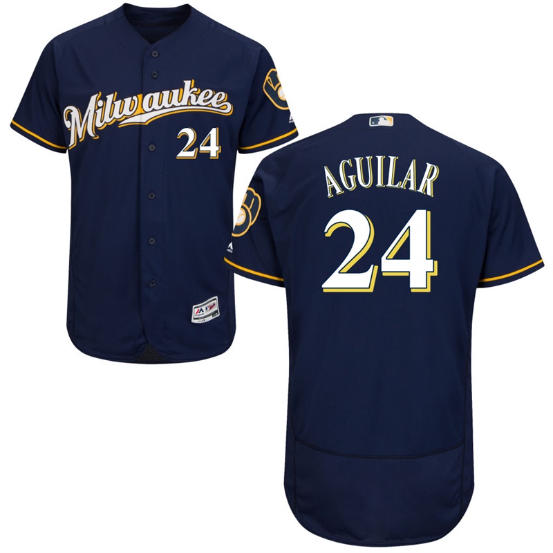 Men Milwaukee Brewers Jesus Aguilar #24 Navy Alternate Road Flex Base Jersey