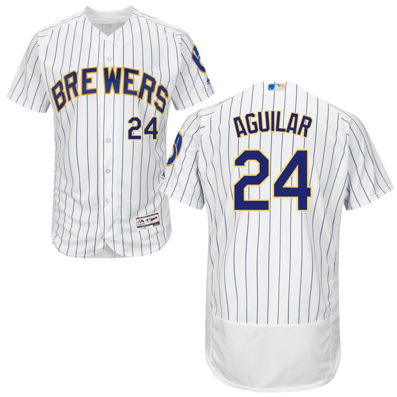 Men Milwaukee Brewers Jesus Aguilar #24 White Alternate Flex Base Jersey