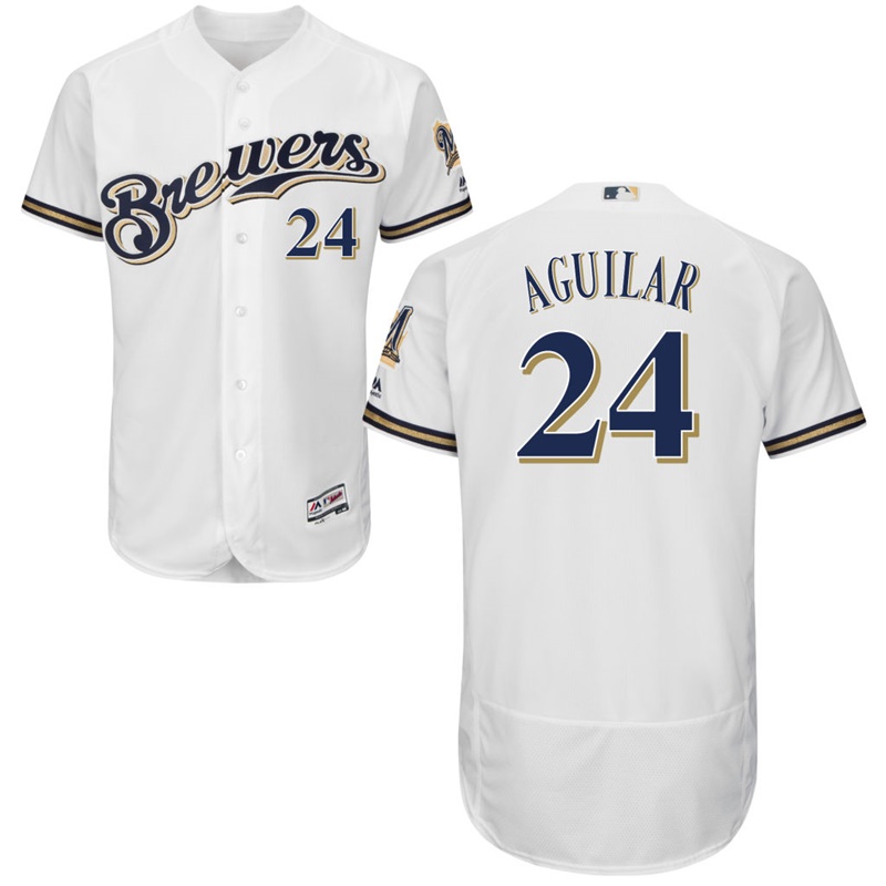 Men Milwaukee Brewers Jesus Aguilar #24 White Home Flex Base Jersey