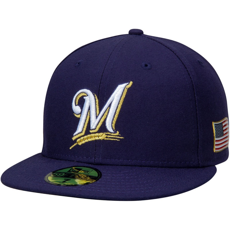 Milwaukee Brewers Navy On Field 9/11 Side Patch US Flag 59FIFTY Flex Hat