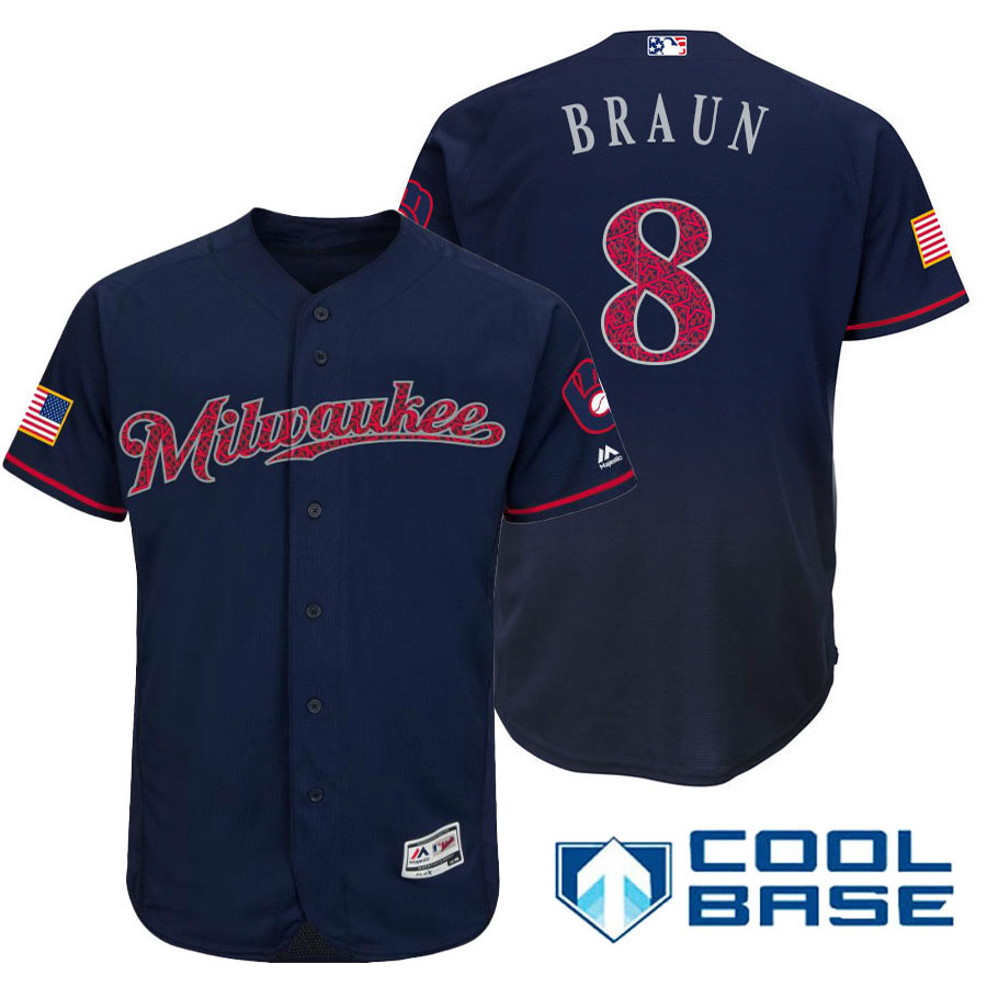 Milwaukee Brewers #8 Ryan Braun Navy Stars & Stripes 2016 Independence Day Cool Base Jersey