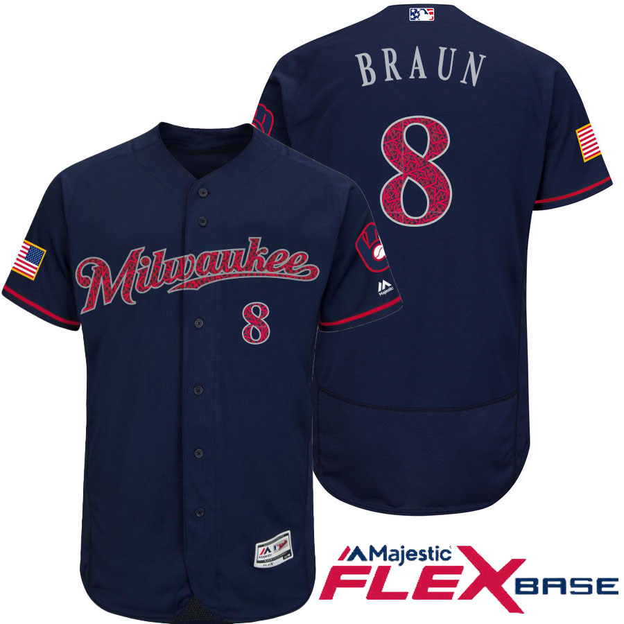 Milwaukee Brewers #8 Ryan Braun Navy Stars & Stripes 2016 Independence Day Flex Base Jersey