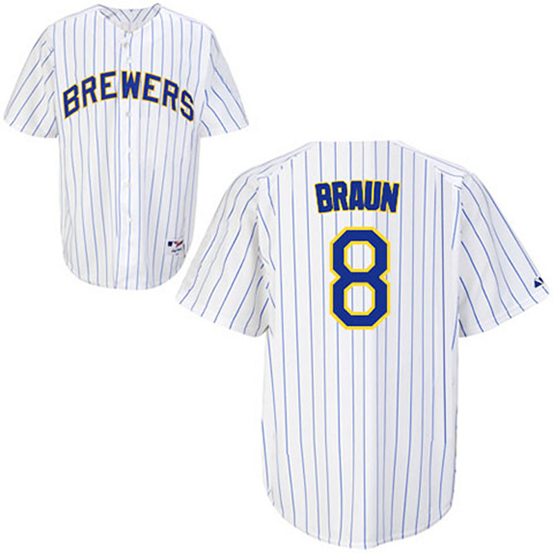 Milwaukee Brewers #8 Ryan Braun White Blue Strip Jersey