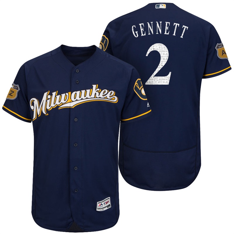 Milwaukee Brewers Scooter Gennett #2 Navy 2017 Spring Training Cactus League Patch Authentic Collection Flex Base Jersey