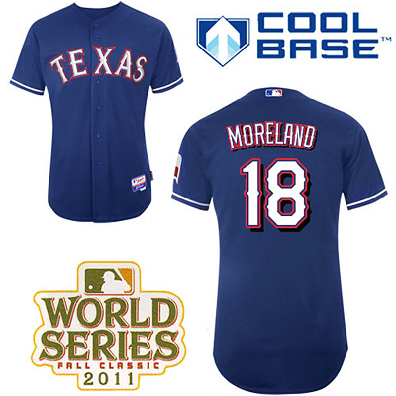 Texas Rangers #18 Mitch Moreland Blue Alternate 2 Cool Base 2011 World Series Patch Jersey