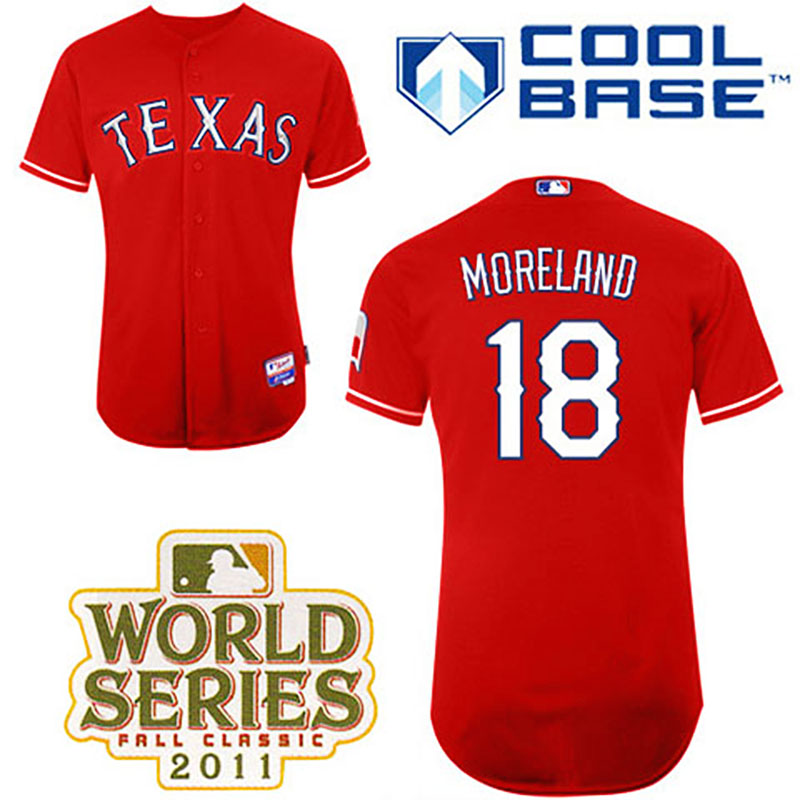 Texas Rangers #18 Mitch Moreland Red Alternate 1 Cool Base 2011 World Series Patch Jersey