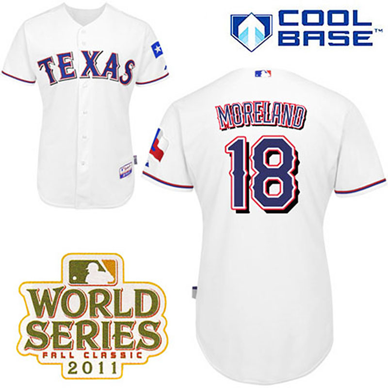 Texas Rangers #18 Mitch Moreland White Home Cool Base 2011 World Series Patch Jersey