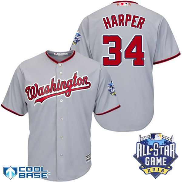 Washington Nationals #34 Bryce Harper Gray 2016 MLB All Star Game Patch Cool Base Jersey