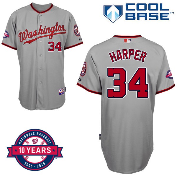 Washington Nationals #34 Bryce Harper Gray Road 10th Anniversary Authentic Cool Base Jersey