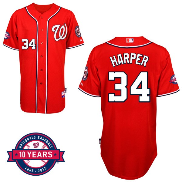 Washington Nationals #34 Bryce Harper Red Alternate 10th Anniversary Authentic Cool Base Jersey