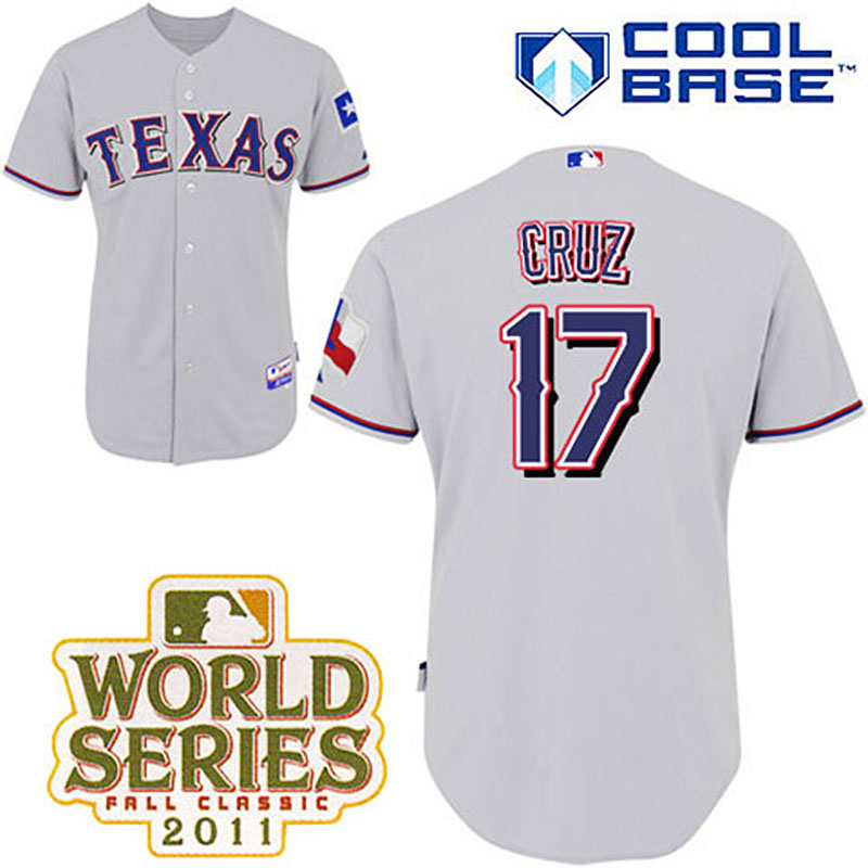 Texas Rangers #17 Nelson Cruz Grey Road Cool Base 2011 World Series Patch Jersey