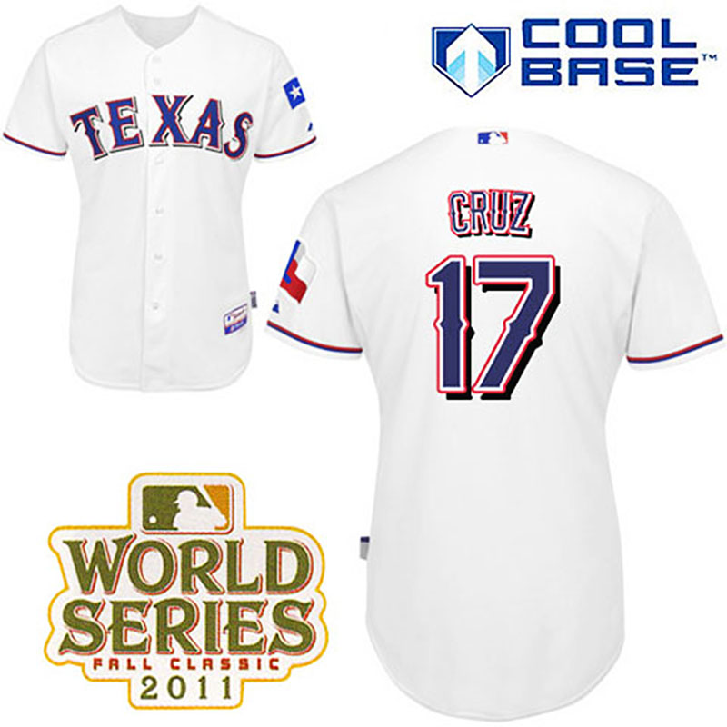 Texas Rangers #17 Nelson Cruz White Home Cool Base 2011 World Series Patch Jersey