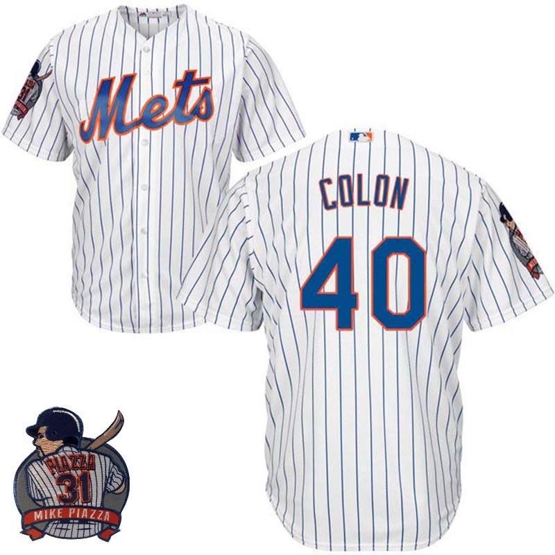 New York Mets #40 Bartolo Colon White Cool Base Jersey with Piazza Patch