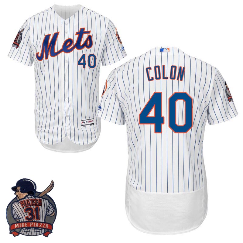 New York Mets #40 Bartolo Colon White Flex Base Jersey with Piazza Patch