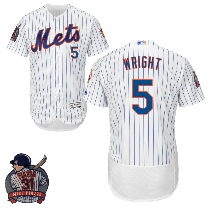 New York Mets #5 David Wright White Flex Base Jersey with Piazza Patch