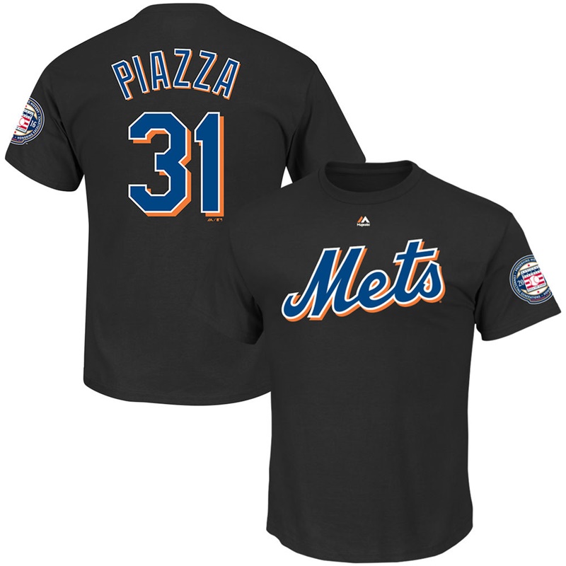 New York Mets Mike Piazza Black 2016 Hall Of Fame Induction Patch Name & Number T-Shirt