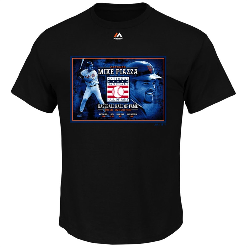 New York Mets Mike Piazza Black 2016 Hall of Fame Portrait T-Shirt