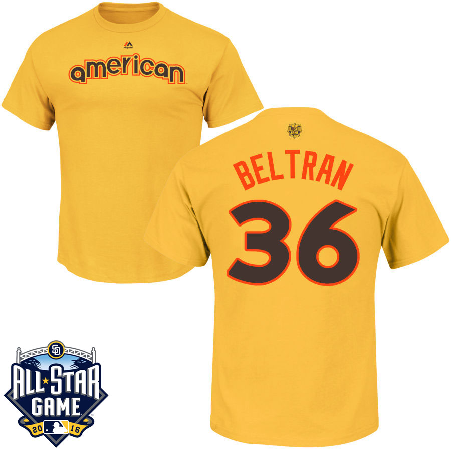 New York Yankees Carlos Beltran #36 Yellow 2016 MLB All-Star Game American League Name & Number T-Shirt