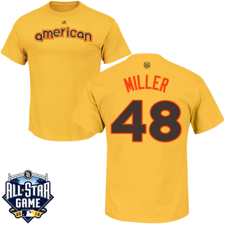 New York Yankees Andrew Miller #48 Yellow 2016 MLB All-Star Game American League Name & Number T-Shirt