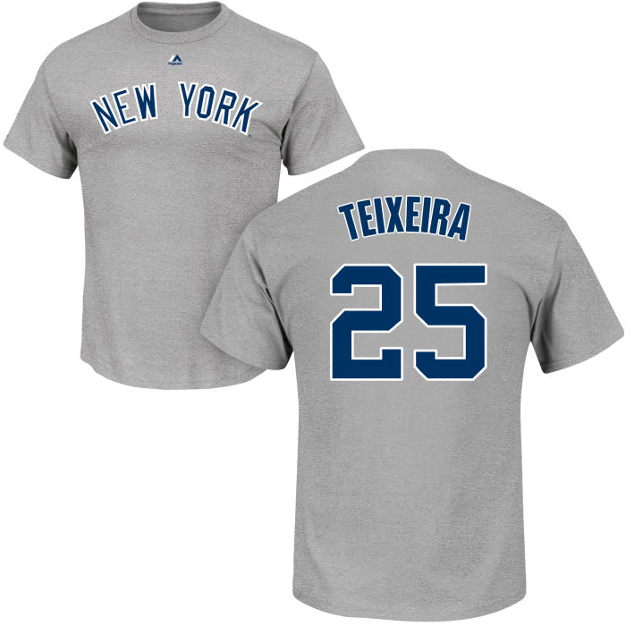 New York Yankees Majestic Mark Teixeira #25 Gray Official Name and Number T-Shirt