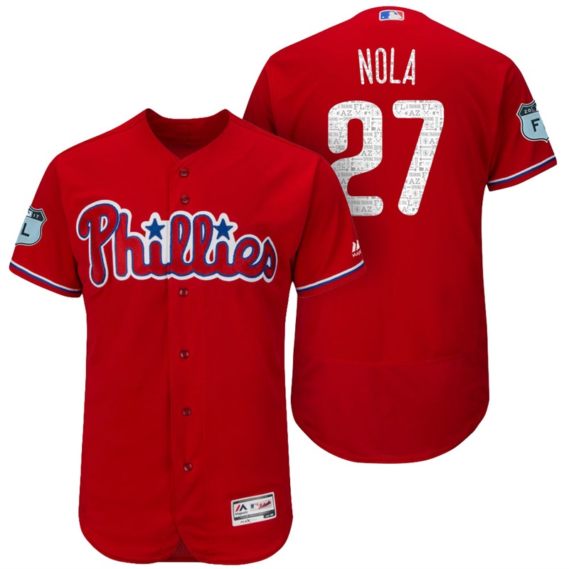 Philadelphia Phillies Aaron Nola #27 Scarlet 2017 Spring Training Grapefruit League Patch Authentic Collection Flex Base Jersey