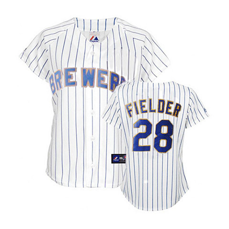 Milwaukee Brewers #28 Prince Fielder White(Blue Strip) Women's Fashion Jersey