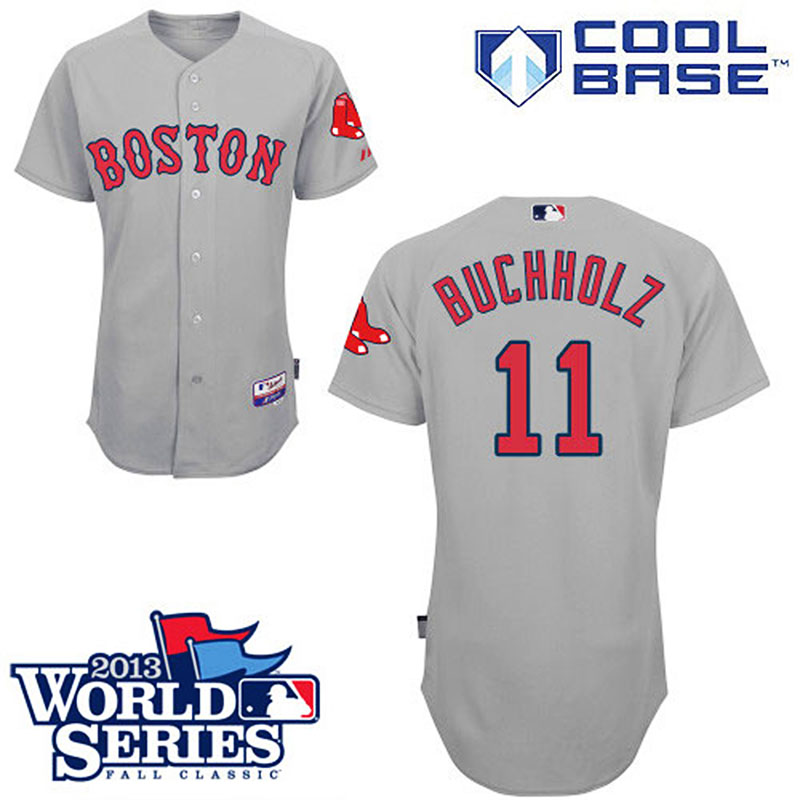 Boston Red Sox #11 Clay Buchholz Men's Authentic Grey Road Majestic MLB 2013 World Series Cool Base Jersey