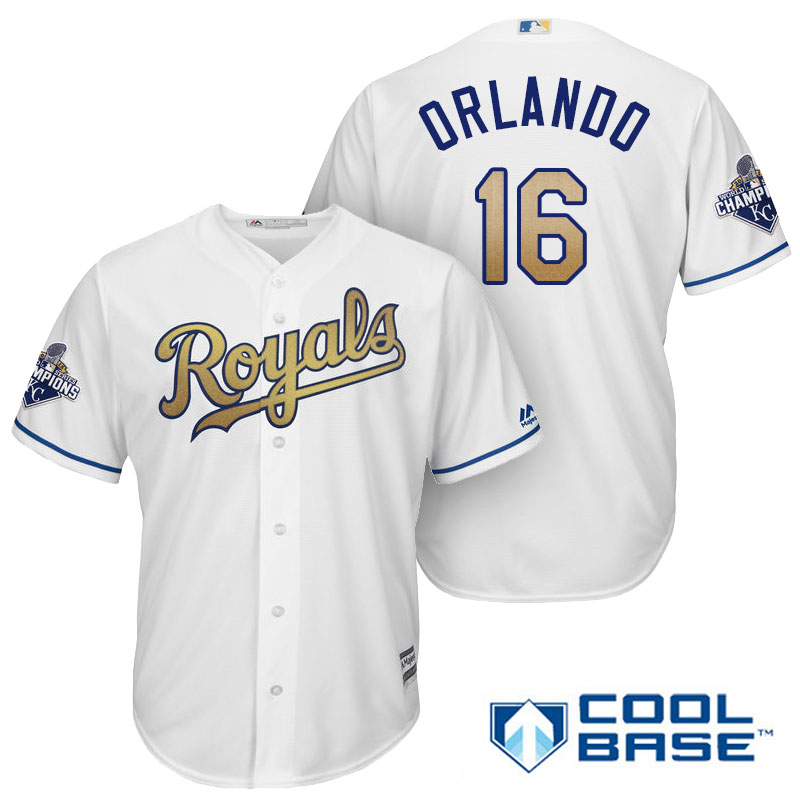 Paulo Orlando #16 Kansas City Royals White Champions Gold Program Cool Base Player Jersey