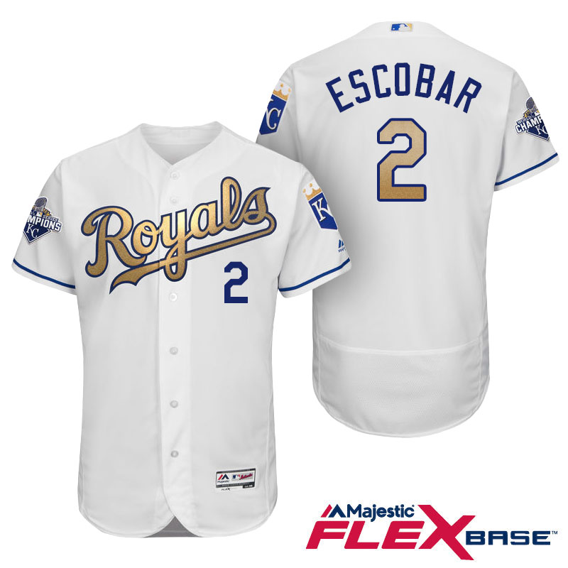 Alcides Escobar #2 Kansas City Royals White Champions Gold Program Flexbase Authentic Player Jersey