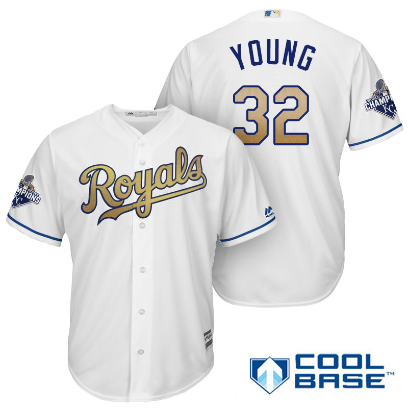 Chris Young #32 Kansas City Royals White Champions Gold Program Cool Base Player Jersey