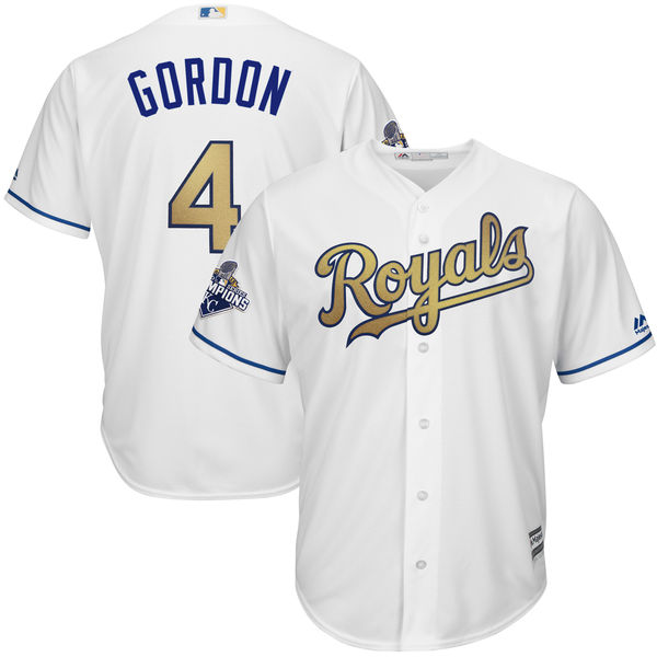 Alex Gordon #4 Kansas City Royals Majestic White World Series Champions Gold Program Cool Base Player Jersey