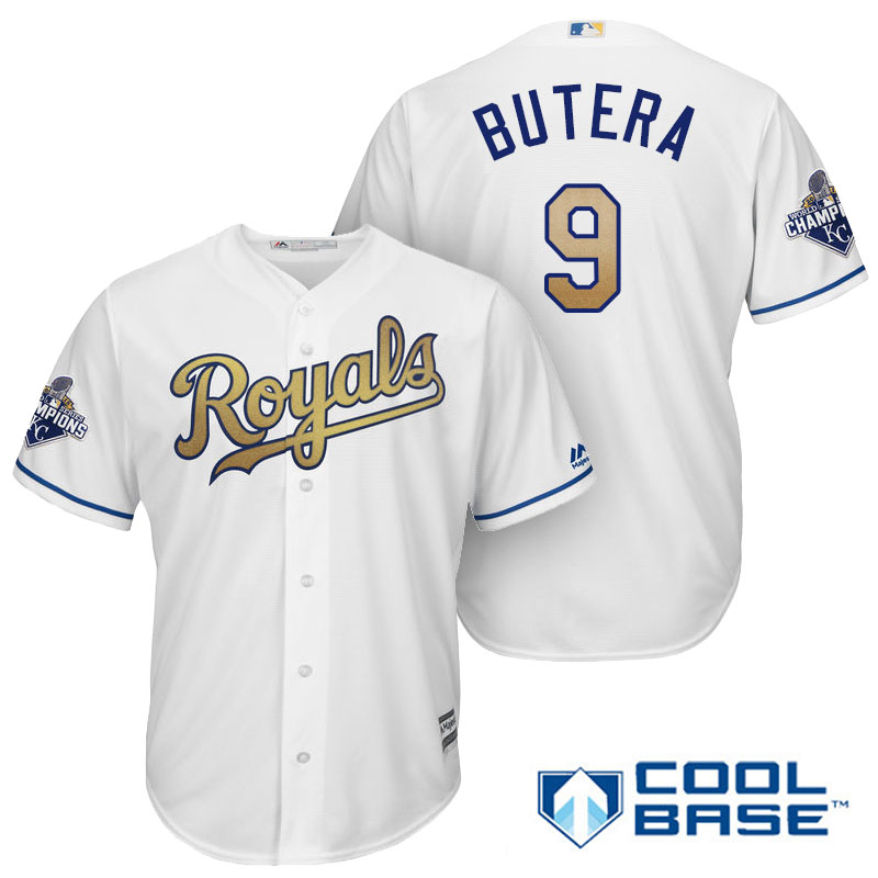 Drew Butera #9 Kansas City Royals White Champions Gold Program Cool Base Player Jersey