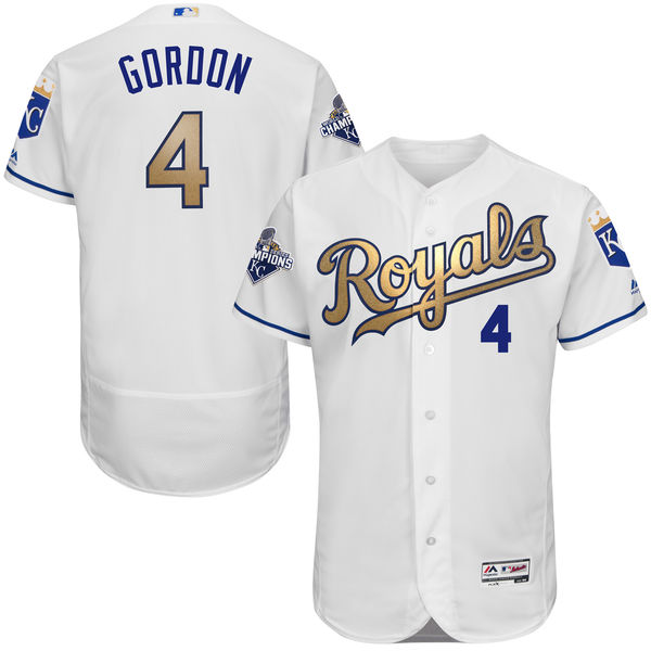 Alex Gordon #4 Kansas City Royals Majestic White World Series Champions Gold Program Flexbase Authentic Collection Player Jersey