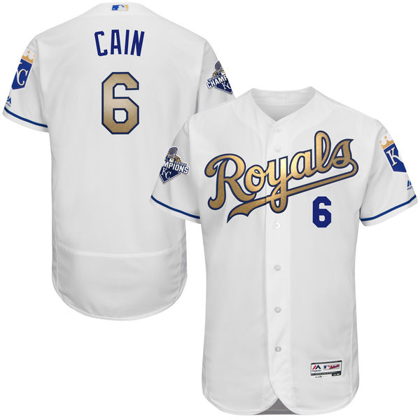 Lorenzo Cain #6 Kansas City Royals Majestic White World Series Champions Gold Program Flexbase Authentic Collection Player Jersey