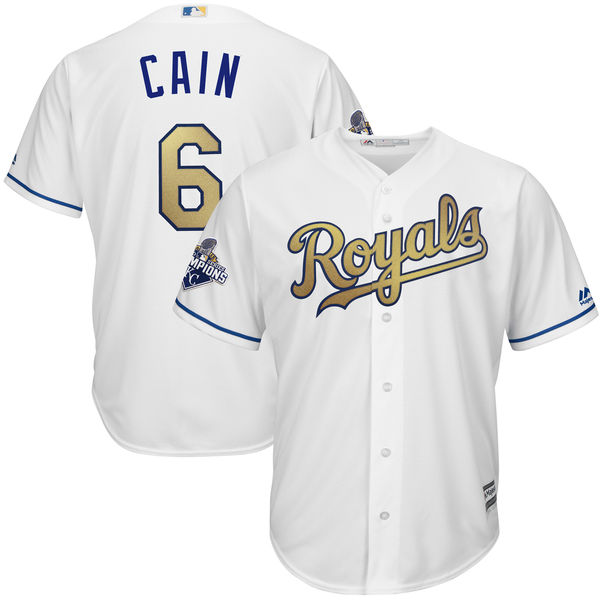 Lorenzo Cain #6 Kansas City Royals Majestic White World Series Champions Gold Program Cool Base Player Jersey