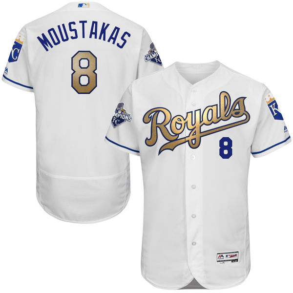 Mike Moustakas #8 Kansas City Royals Majestic White World Series Champions Gold Program Flexbase Authentic Collection Player Jersey